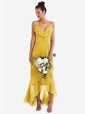 【STYLE: TH040】Ruffle-Trimmed V-Neck High Low Wrap Dress【COLOR: Marigold】