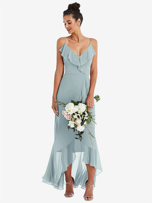 【STYLE: TH040】Ruffle-Trimmed V-Neck High Low Wrap Dress【COLOR: Morning Sky】