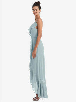 【STYLE: TH040】Ruffle-Trimmed V-Neck High Low Wrap Dress【COLOR: Morning Sky】