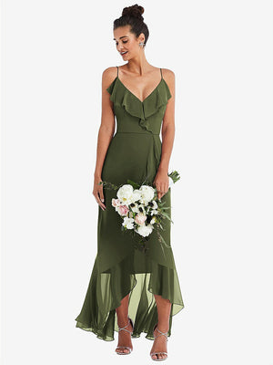 【STYLE: TH040】Ruffle-Trimmed V-Neck High Low Wrap Dress【COLOR: Olive Green】