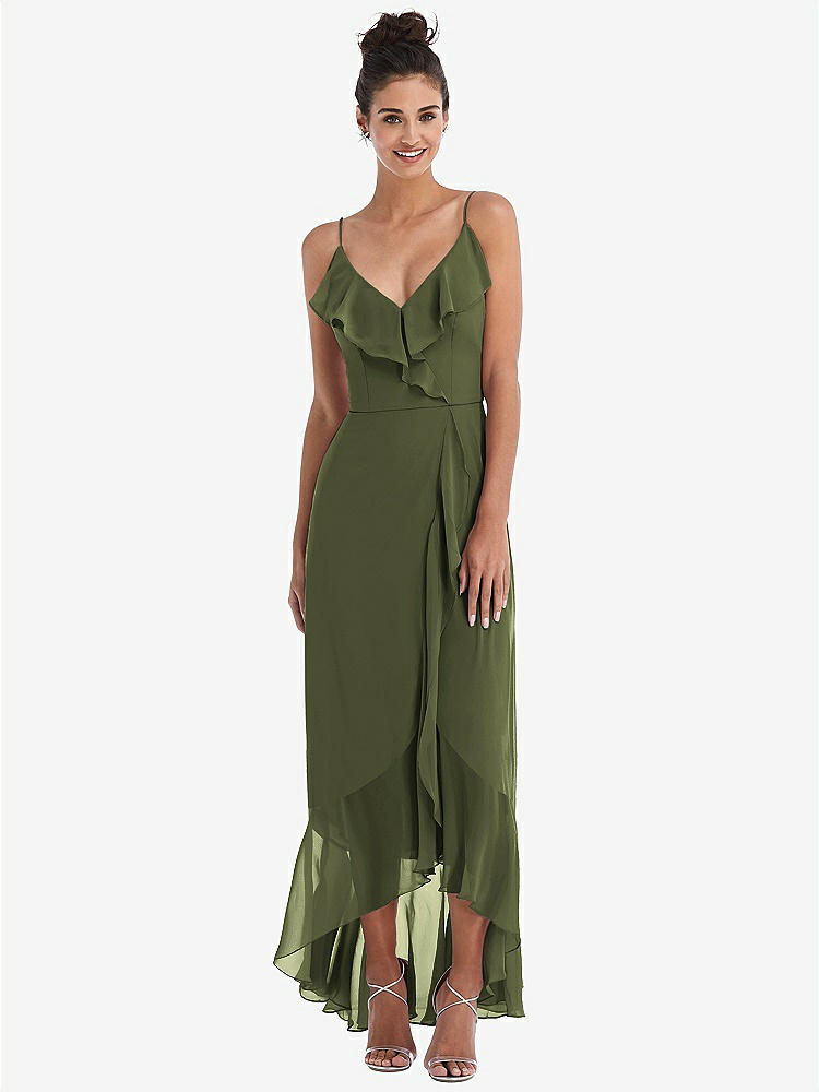 【STYLE: TH040】Ruffle-Trimmed V-Neck High Low Wrap Dress【COLOR: Olive Green】