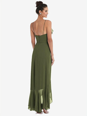 【STYLE: TH040】Ruffle-Trimmed V-Neck High Low Wrap Dress【COLOR: Olive Green】