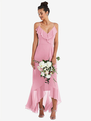 【STYLE: TH040】Ruffle-Trimmed V-Neck High Low Wrap Dress【COLOR: Peony Pink】