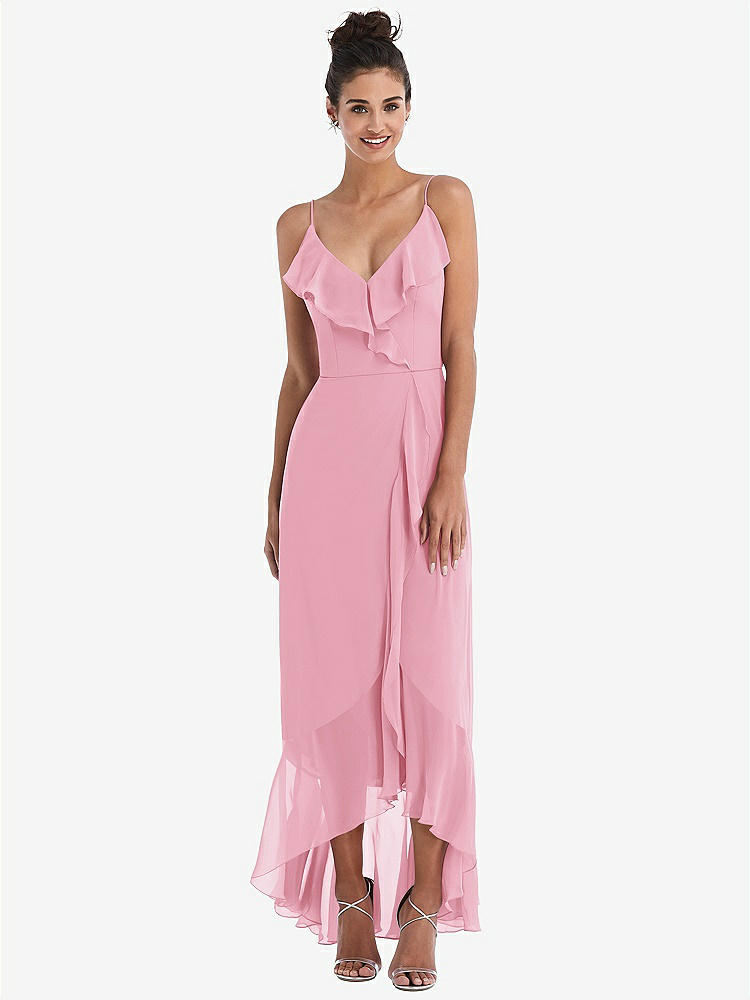 【NEW】【STYLE: TH040】Ruffle-Trimmed V-Neck High Low ラップ ドレス【COLOR: Peony Pink】【SIZE: 00-30W】