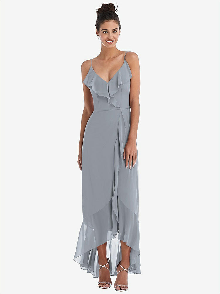 【NEW】【STYLE: TH040】Ruffle-Trimmed V-Neck High Low ラップ ドレス【COLOR: Platinum】【SIZE: 00-30W】