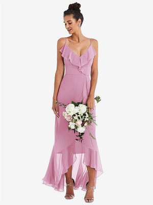 【STYLE: TH040】Ruffle-Trimmed V-Neck High Low Wrap Dress【COLOR: Powder Pink】