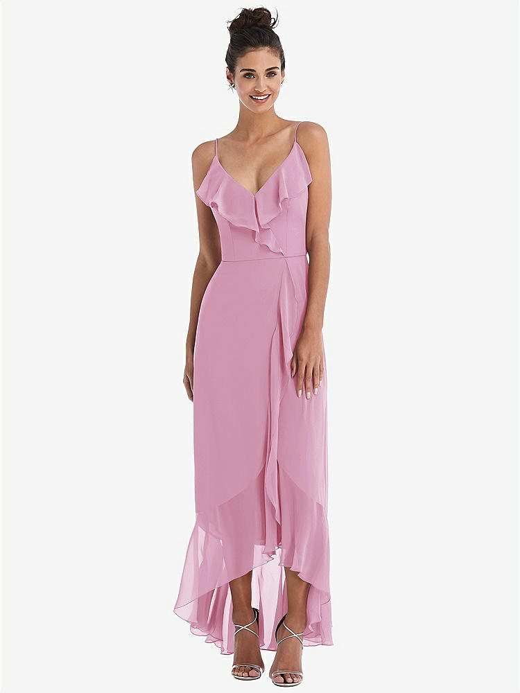 【STYLE: TH040】Ruffle-Trimmed V-Neck High Low Wrap Dress【COLOR: Powder Pink】