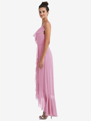 【STYLE: TH040】Ruffle-Trimmed V-Neck High Low Wrap Dress【COLOR: Powder Pink】