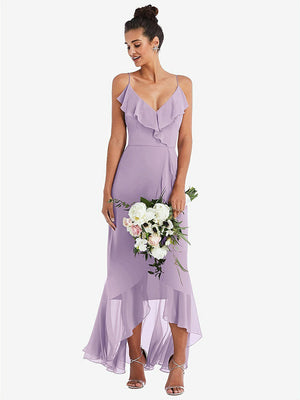 【STYLE: TH040】Ruffle-Trimmed V-Neck High Low Wrap Dress【COLOR: Pale Purple】