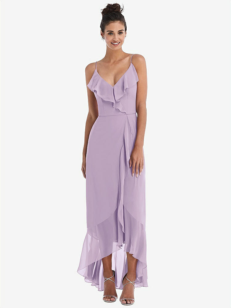 【STYLE: TH040】Ruffle-Trimmed V-Neck High Low Wrap Dress【COLOR: Pale Purple】