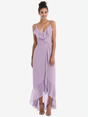 【STYLE: TH040】Ruffle-Trimmed V-Neck High Low Wrap Dress【COLOR: Pale Purple】