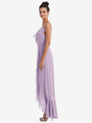 【STYLE: TH040】Ruffle-Trimmed V-Neck High Low Wrap Dress【COLOR: Pale Purple】