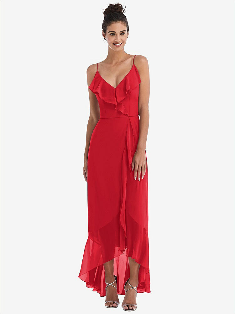 【STYLE: TH040】Ruffle-Trimmed V-Neck High Low Wrap Dress【COLOR: Parisian Red】