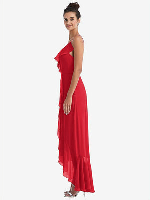 【STYLE: TH040】Ruffle-Trimmed V-Neck High Low Wrap Dress【COLOR: Parisian Red】