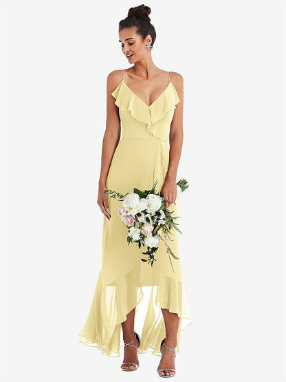 【NEW】【STYLE: TH040】Ruffle-Trimmed V-Neck High Low ラップ ドレス【COLOR: Pale Yellow】【SIZE: 00-30W】