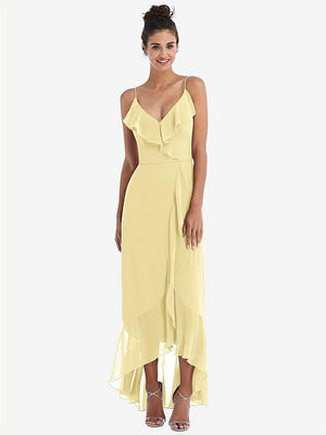 【STYLE: TH040】Ruffle-Trimmed V-Neck High Low Wrap Dress【COLOR: Pale Yellow】