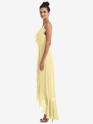 【STYLE: TH040】Ruffle-Trimmed V-Neck High Low Wrap Dress【COLOR: Pale Yellow】