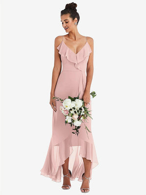 【STYLE: TH040】Ruffle-Trimmed V-Neck High Low Wrap Dress【COLOR: Rose - PANTONE Rose Quartz】