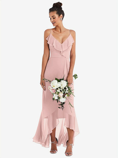 【NEW】【STYLE: TH040】Ruffle-Trimmed V-Neck High Low ラップ ドレス【COLOR: Rose - PANTONE Rose Quartz】【SIZE: 00-30W】