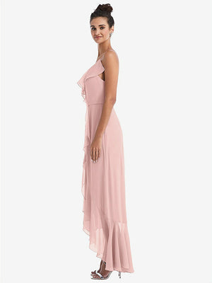 【STYLE: TH040】Ruffle-Trimmed V-Neck High Low Wrap Dress【COLOR: Rose - PANTONE Rose Quartz】