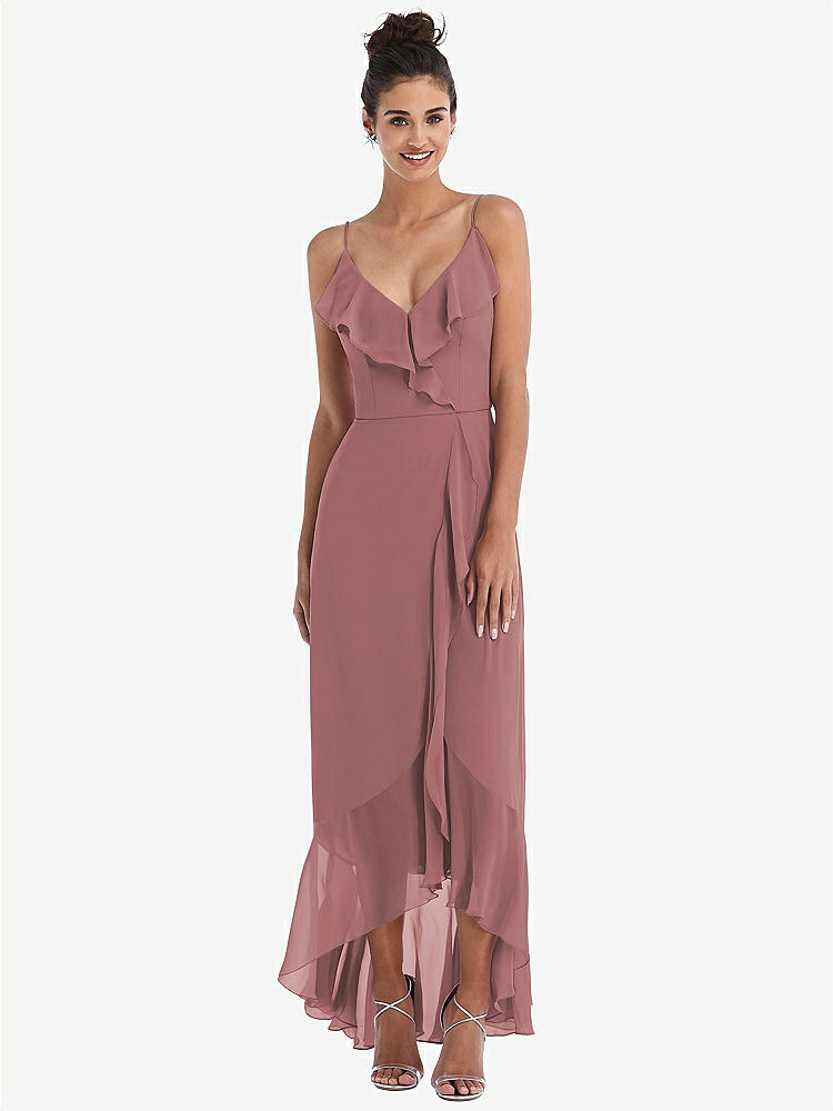 【STYLE: TH040】Ruffle-Trimmed V-Neck High Low Wrap Dress【COLOR: Rosewood】