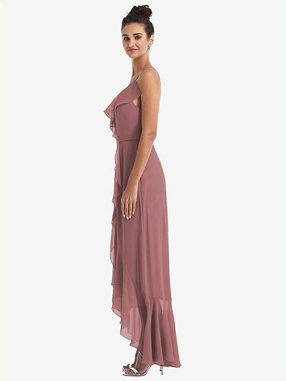【STYLE: TH040】Ruffle-Trimmed V-Neck High Low Wrap Dress【COLOR: Rosewood】