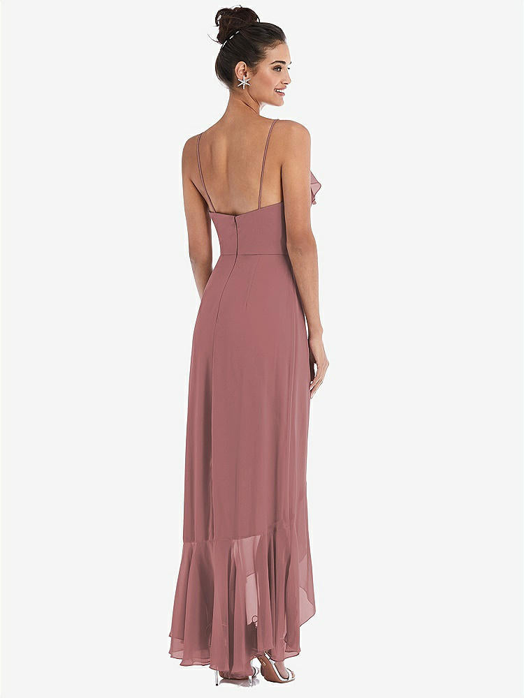 【STYLE: TH040】Ruffle-Trimmed V-Neck High Low Wrap Dress【COLOR: Rosewood】