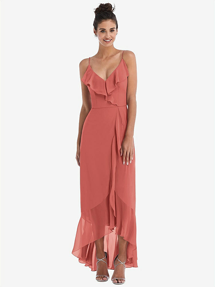 【NEW】【STYLE: TH040】Ruffle-Trimmed V-Neck High Low ラップ ドレス【COLOR: Coral Pink】【SIZE: 00-30W】