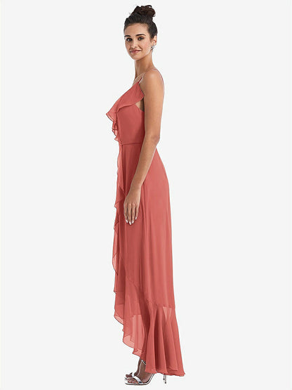 【NEW】【STYLE: TH040】Ruffle-Trimmed V-Neck High Low ラップ ドレス【COLOR: Coral Pink】【SIZE: 00-30W】