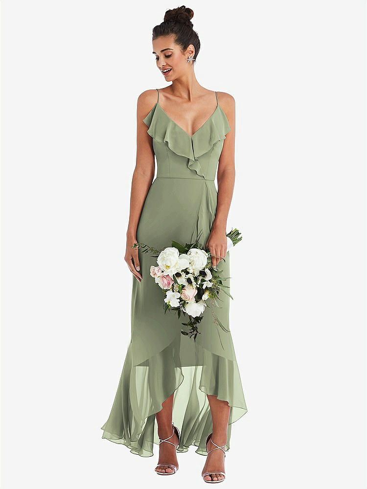 【STYLE: TH040】Ruffle-Trimmed V-Neck High Low Wrap Dress【COLOR: Sage】