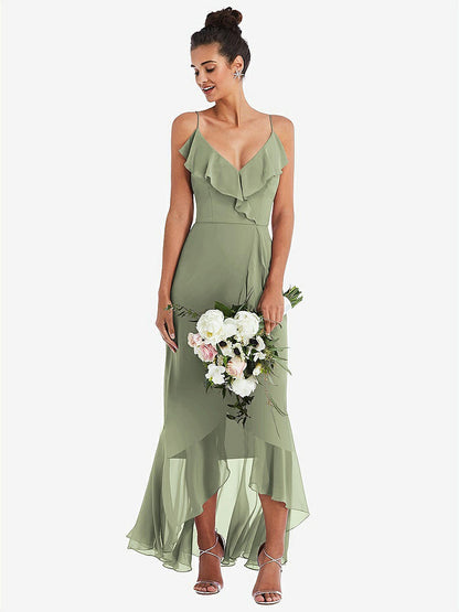 【STYLE: TH040】Ruffle-Trimmed V-Neck High Low Wrap Dress【COLOR: Sage】
