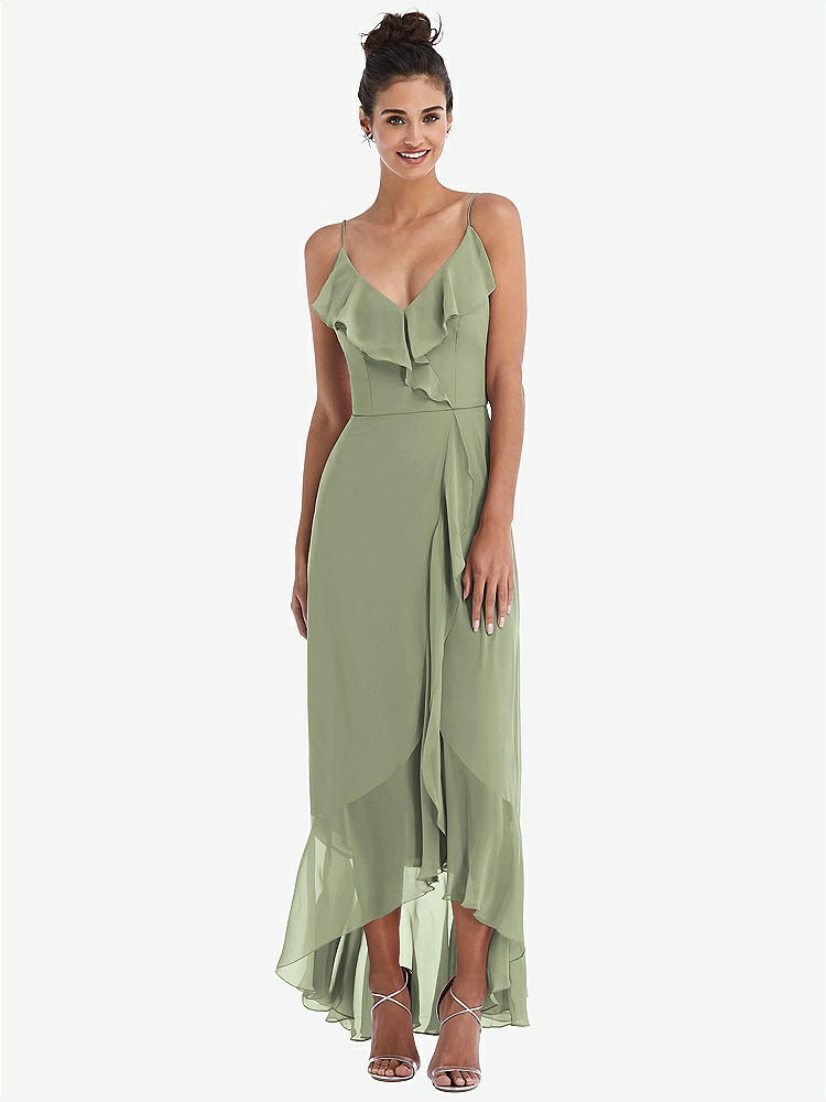 【STYLE: TH040】Ruffle-Trimmed V-Neck High Low Wrap Dress【COLOR: Sage】