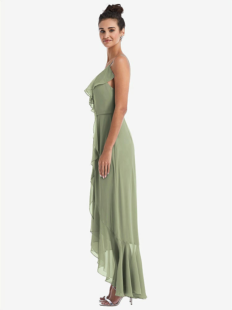 【STYLE: TH040】Ruffle-Trimmed V-Neck High Low Wrap Dress【COLOR: Sage】