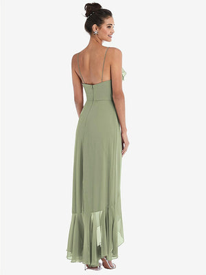 【STYLE: TH040】Ruffle-Trimmed V-Neck High Low Wrap Dress【COLOR: Sage】