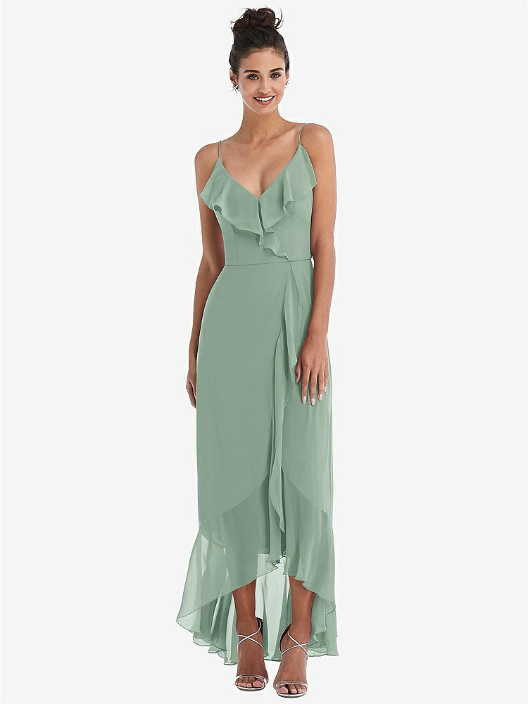 【STYLE: TH040】Ruffle-Trimmed V-Neck High Low Wrap Dress【COLOR: Seagrass】
