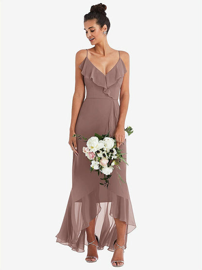 【STYLE: TH040】Ruffle-Trimmed V-Neck High Low Wrap Dress【COLOR: Sienna】