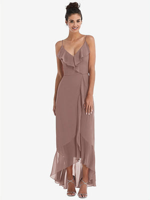 【STYLE: TH040】Ruffle-Trimmed V-Neck High Low Wrap Dress【COLOR: Sienna】