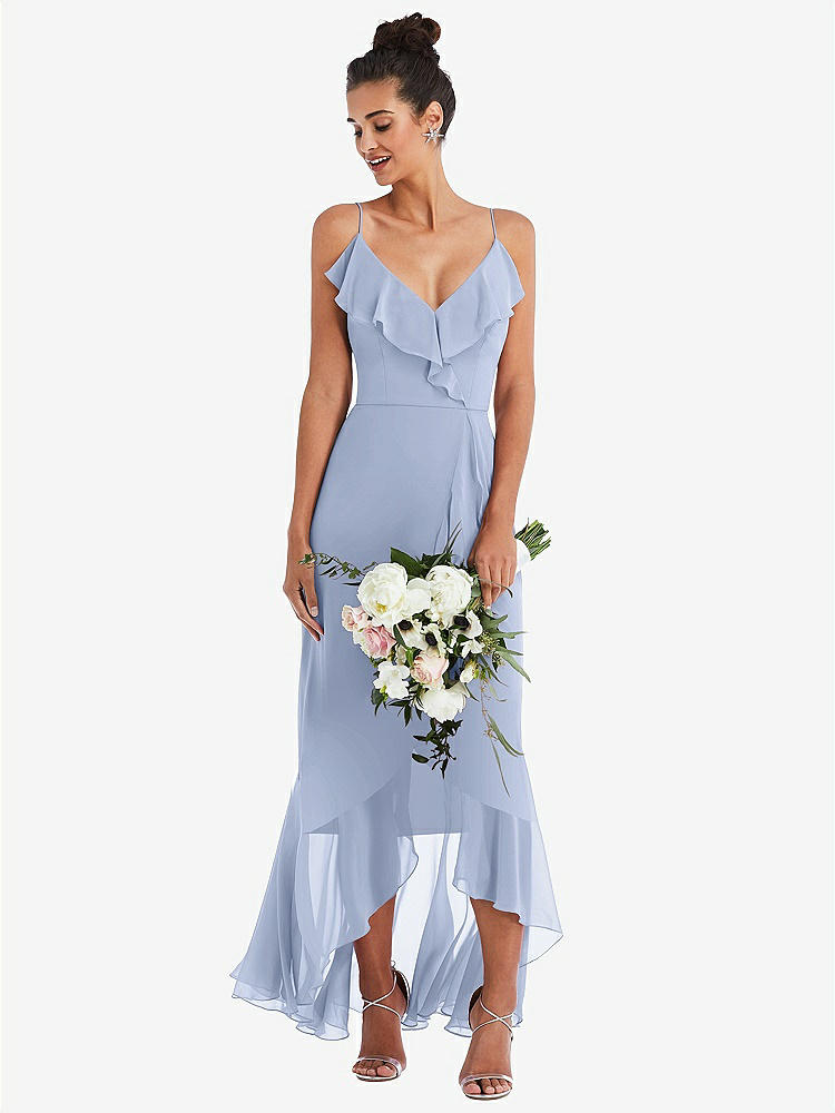 【NEW】【STYLE: TH040】Ruffle-Trimmed V-Neck High Low ラップ ドレス【COLOR: Sky Blue】【SIZE: 00-30W】