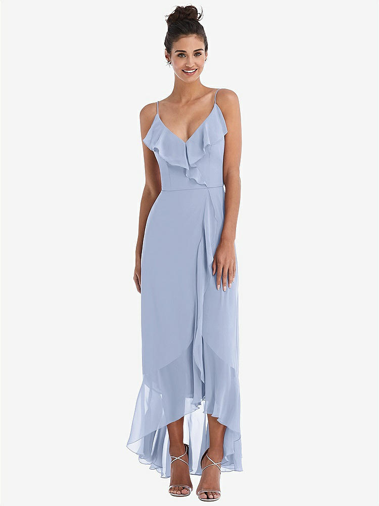 【NEW】【STYLE: TH040】Ruffle-Trimmed V-Neck High Low ラップ ドレス【COLOR: Sky Blue】【SIZE: 00-30W】