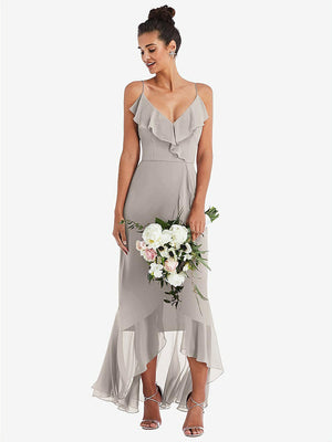 【STYLE: TH040】Ruffle-Trimmed V-Neck High Low Wrap Dress【COLOR: Taupe】