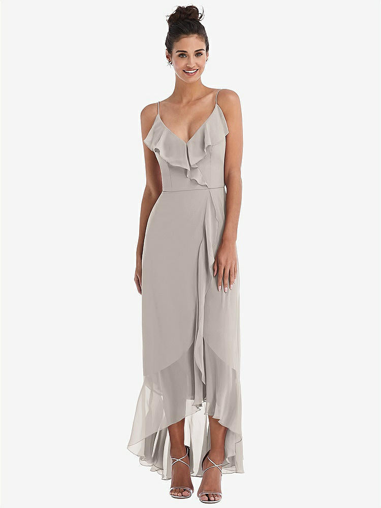 【NEW】【STYLE: TH040】Ruffle-Trimmed V-Neck High Low ラップ ドレス【COLOR: Taupe】【SIZE: 00-30W】