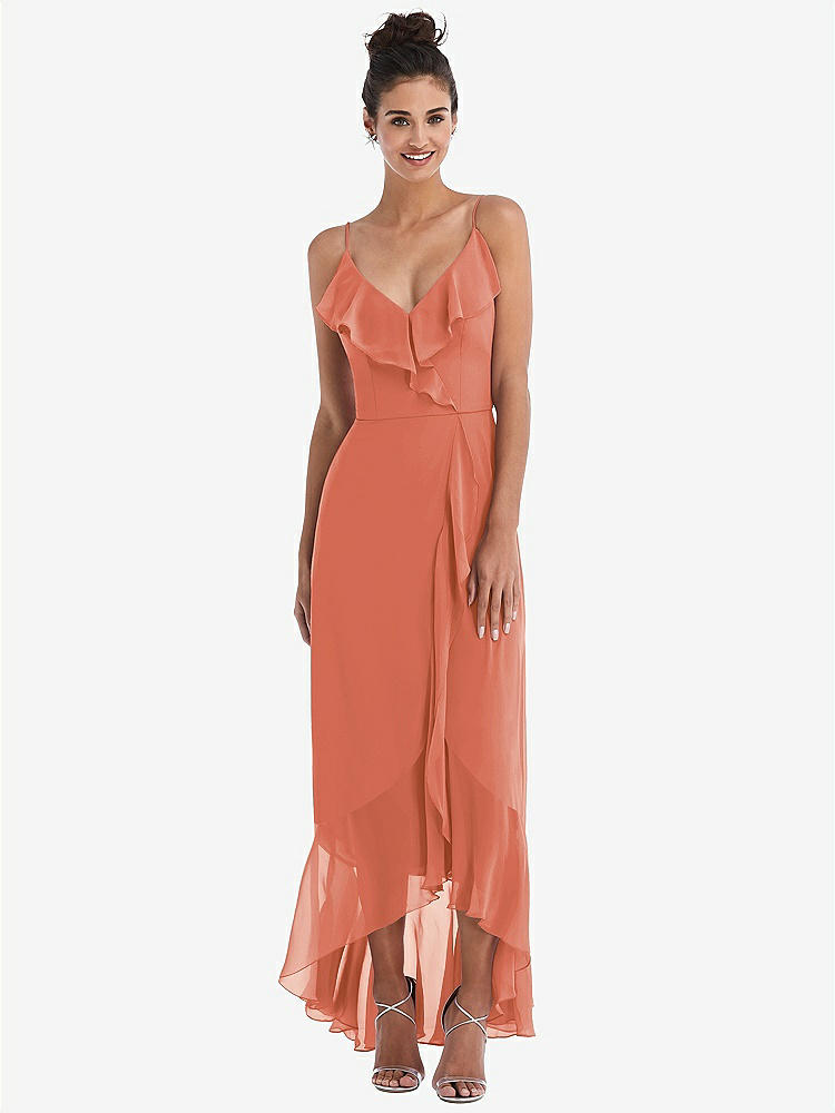 【STYLE: TH040】Ruffle-Trimmed V-Neck High Low Wrap Dress【COLOR: Terracotta Copper】