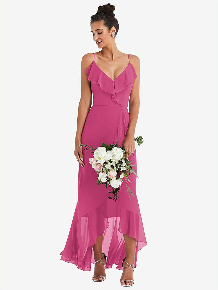 【STYLE: TH040】Ruffle-Trimmed V-Neck High Low Wrap Dress【COLOR: Tea Rose】