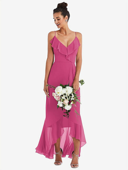 【STYLE: TH040】Ruffle-Trimmed V-Neck High Low Wrap Dress【COLOR: Tea Rose】