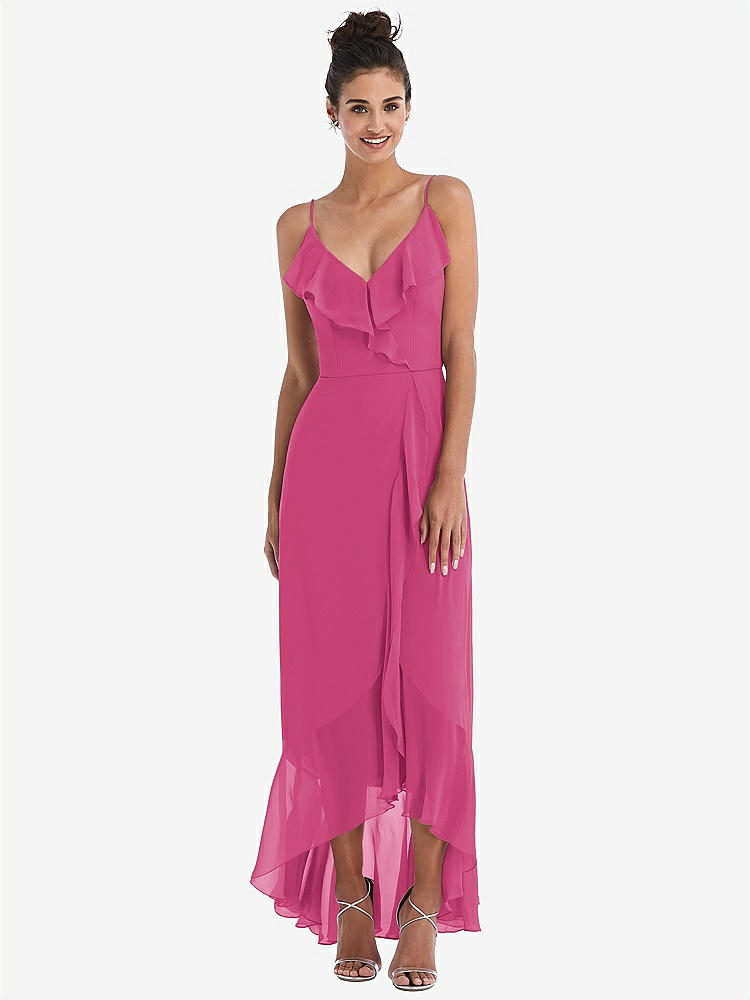 【STYLE: TH040】Ruffle-Trimmed V-Neck High Low Wrap Dress【COLOR: Tea Rose】