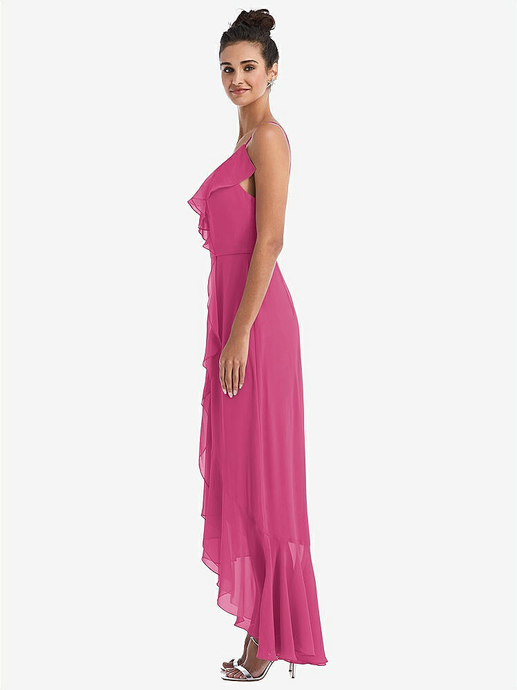 【STYLE: TH040】Ruffle-Trimmed V-Neck High Low Wrap Dress【COLOR: Tea Rose】