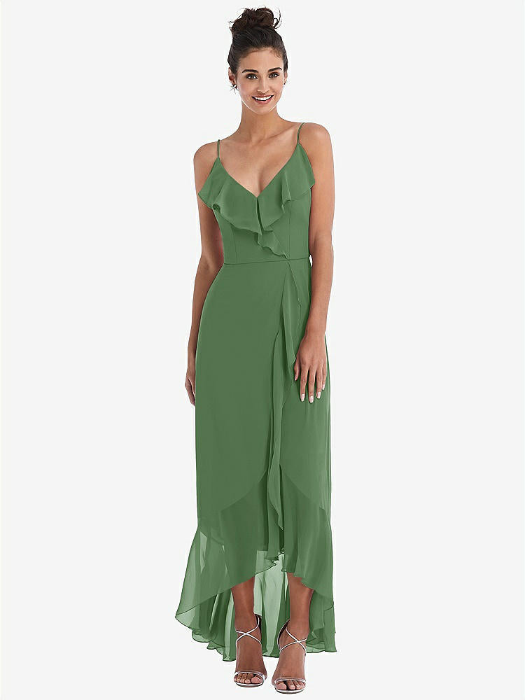 【STYLE: TH040】Ruffle-Trimmed V-Neck High Low Wrap Dress【COLOR: Vineyard Green】