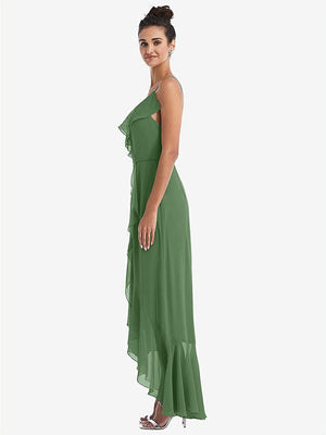 【STYLE: TH040】Ruffle-Trimmed V-Neck High Low Wrap Dress【COLOR: Vineyard Green】