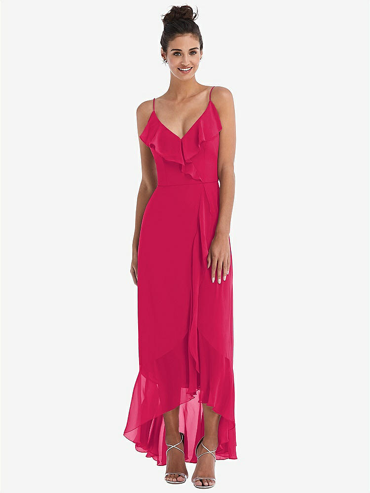 【NEW】【STYLE: TH040】Ruffle-Trimmed V-Neck High Low ラップ ドレス【COLOR: Vivid Pink】【SIZE: 00-30W】