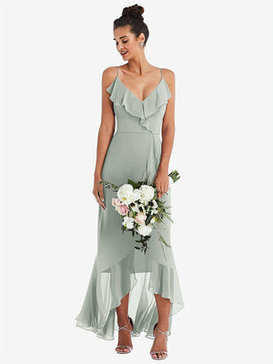 【STYLE: TH040】Ruffle-Trimmed V-Neck High Low Wrap Dress【COLOR: Willow Green】